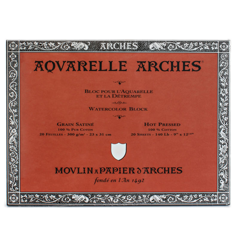 Arches Aquarelle Watercolor Block, 140 Lb, Hot Press, 9in x 12in MPN:200177185