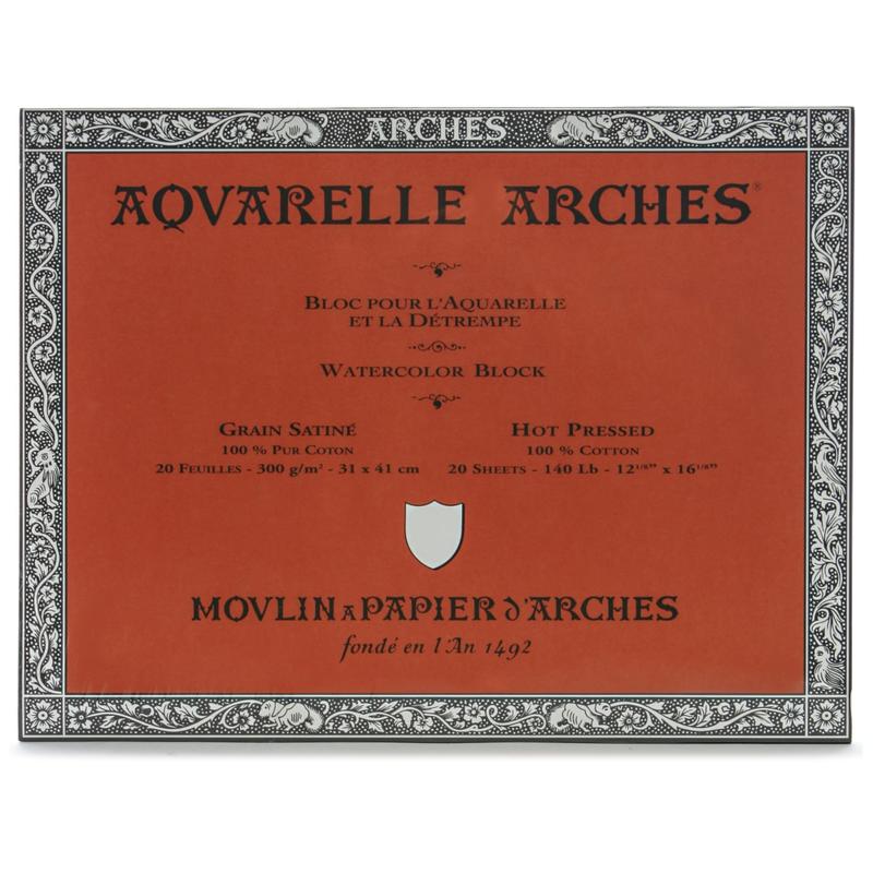 Arches Aquarelle Watercolor Block, 140 Lb, Hot Press, 12in x 16in MPN:200177189