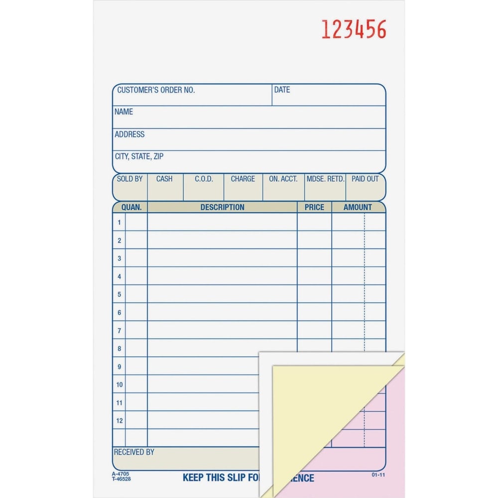Adams Carbonless 3-part Sales Order Books - 50 Sheet(s) - 3 PartCarbonless Copy - 4.18in x 7.18in Sheet Size - White, Canary, Pink - Assorted Sheet(s) - 1 Each (Min Order Qty 10) MPN:TC4705