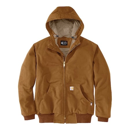 Mens FR Hooded Insulated Jacket, 13oz 100% Cotton FR Duck, Carhartt Brown, S MPN:107076-BRNSREG