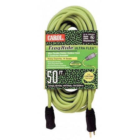 SJOW Extension Cord, 12 AWG, Outdoor, 12/3, 1 Outlets, 5-15R, Green, Rubber, 5-15P, 50 ft MPN:06250.61.06L