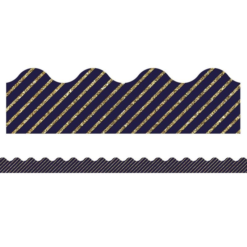 Carson-Dellosa Sparkle And Shine Scalloped Borders, 2 1/4in x 36in, Glitter Stripes, Gold/Navy, Preschool - Grade 8, Pack Of 13 Borders MPN:108322