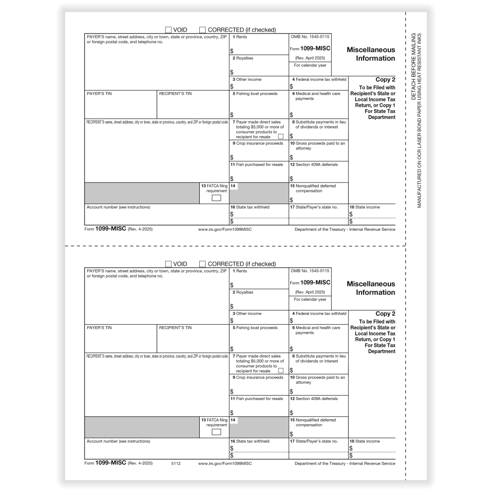 ComplyRight 1099-MISC Tax Forms, 2/1, 2-Up, 8-1/2in x 11in, Pack Of 100 Forms MPN:51125025