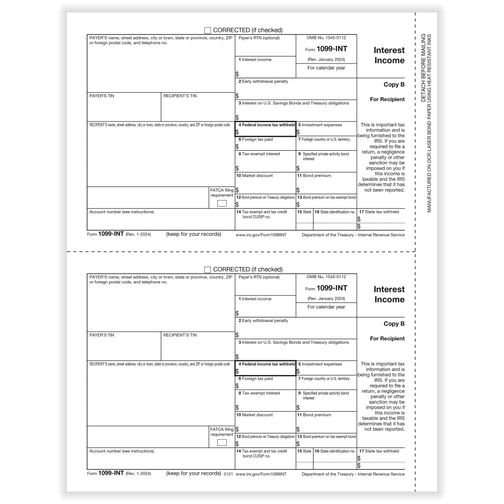 ComplyRight 1099-INT Tax Forms, 2-Up, Recipient Copy B, 8-1/2in x 11in, Pack Of 100 Forms, 51215025 MPN:51215025