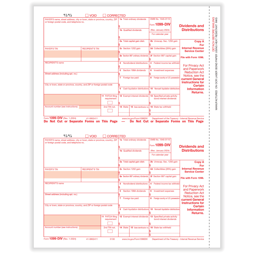 ComplyRight 1099-DIV Tax Forms, 2-Up, Federal Copy A, 8-1/2in x 11in, Pack Of 100 Forms, 51305025 MPN:51305025