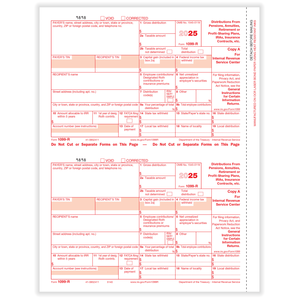 ComplyRight 1099-R Tax Forms, 2-Up, Federal Copy A, 8-1/2in x 11in, Pack Of 100 Forms, 51405025 MPN:51405025