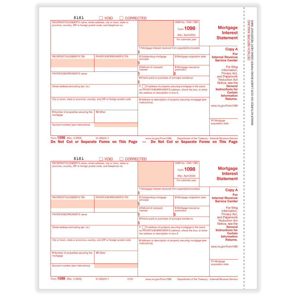 ComplyRight 1098 Tax Forms, 2-Up, Federal Copy A, Laser, 8-1/2in x 11in, Pack Of 100 Forms, 51505025 MPN:51505025
