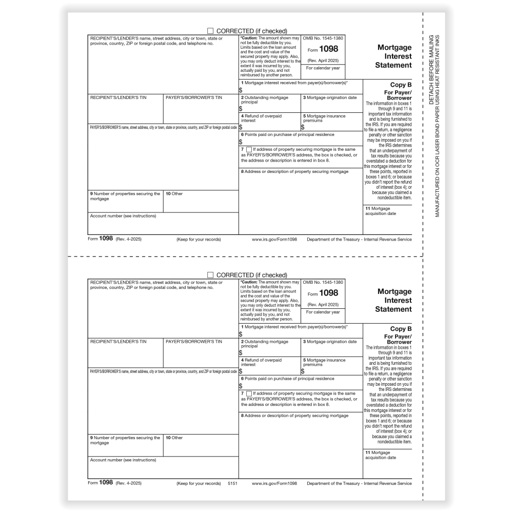 ComplyRight 1098 Tax Forms, 2-Up, Payer/Borrower Copy B, Laser, 8-1/2in x 11in, Pack Of 100 Forms, 51515025 MPN:51515025