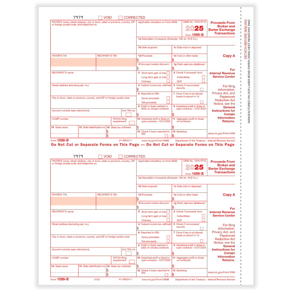 ComplyRight 1099-B Tax Forms, Federal Copy A, 2-Up, 8-1/2in x 11in, Pack Of 100 Forms, 51535025 MPN:51535025