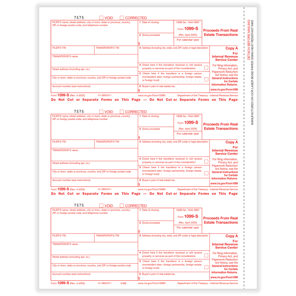 ComplyRight 1099-S Tax Forms, Federal Copy A, 3-Up, 8-1/2in x 11in, Pack Of 150 Forms MPN:51605025