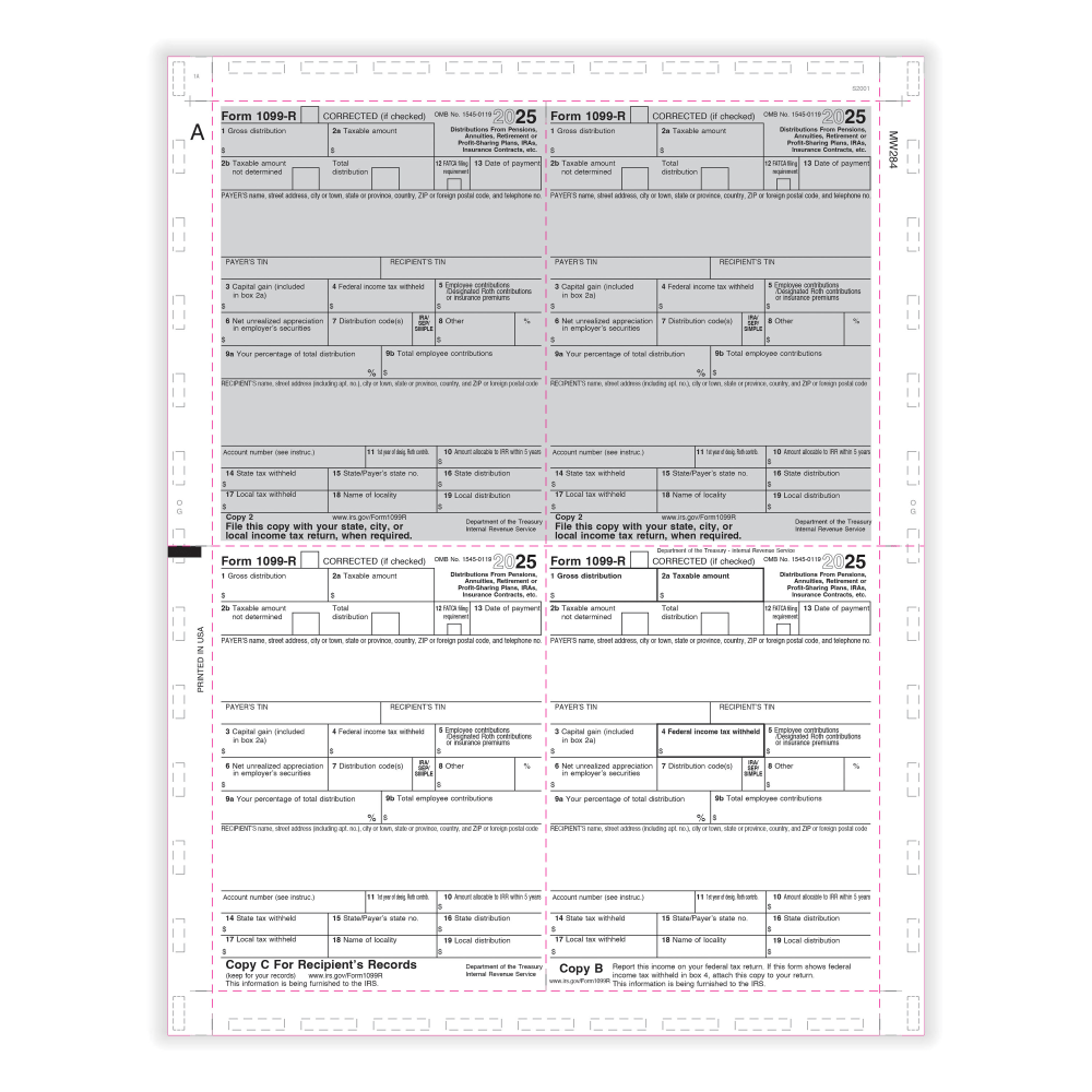 ComplyRight 1099-R Pressure-Seal Tax Forms, 4-Up, Copy B, C, 2, 2, V-Fold Duplex, 11in, Pack Of 500 Forms MPN:5177B25