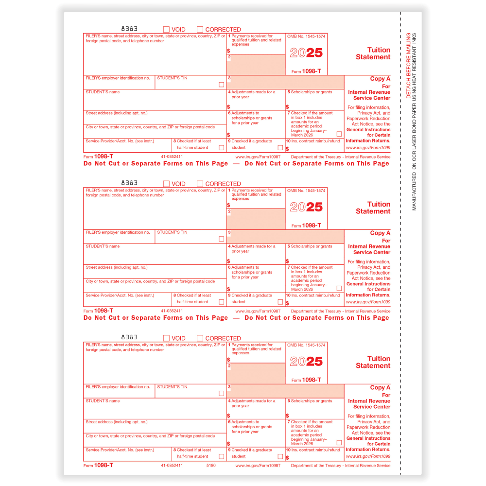 ComplyRight 1098-T Tax Forms, 3-Up, Federal Copy A, Laser, 8-1/2in x 11in, Pack Of 150 Forms, 51805025 MPN:51805025