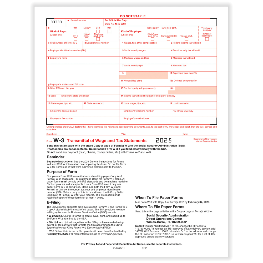 ComplyRight W-3 Transmittal Tax Forms, 1-Part, 8-1/2in x 11in, Pack Of 50 Forms, 52005025 MPN:52005025