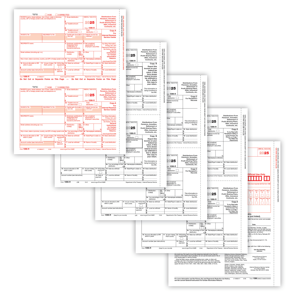 ComplyRight 1099-R Tax Forms, 6-Part, 2-Up, Copies A, B, C, D, 8-1/2in x 11in, Pack Of 10 Forms, 56461025 MPN:56461025
