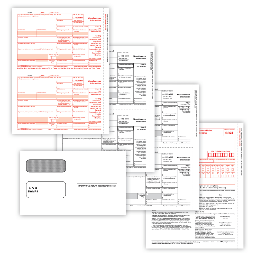 ComplyRight 1099-MISC Tax Forms Set, 3-Part, 2-Up, Copies A, B, State/File, 8-1/2in x 11in, Pack Of 50 Forms And Envelopes, 6102E25 MPN:6102E25