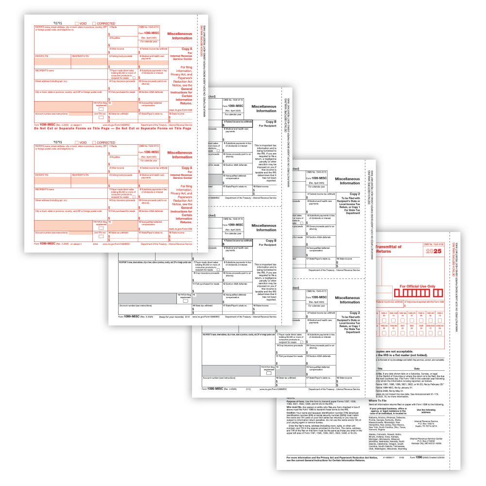 ComplyRight 1099-MISC Tax Forms Set, 4-Part, 2-Up, Copies A, B, State/File, State/File, 8-1/2in x 11in, Pack Of 25 Forms, 61032525 MPN:61032525