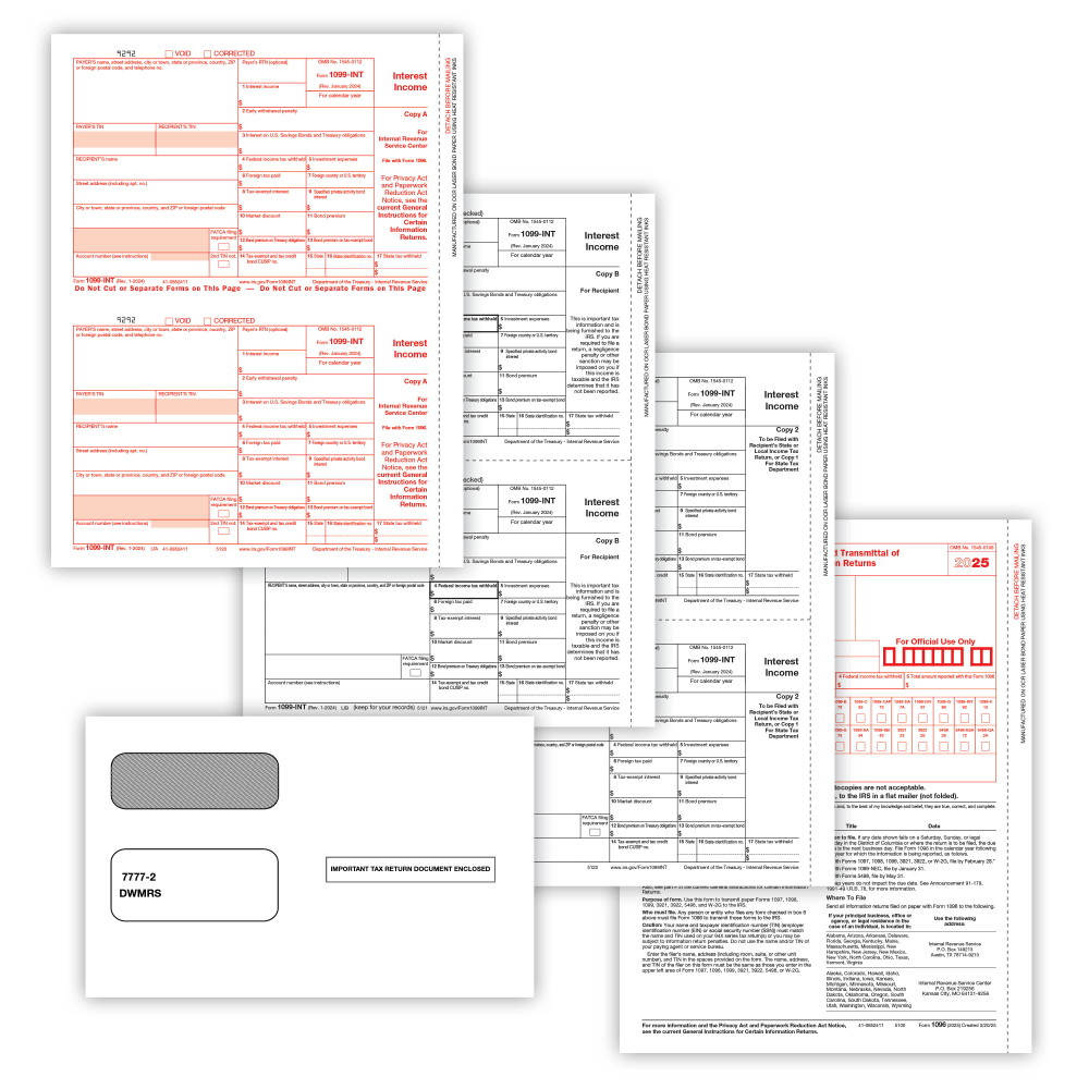ComplyRight 1099-INT Tax Forms Set, 4-Part, Copy A, B, State/File, State/File, 2-Up, 8-1/2in x 11in, Pack Of 100 Forms and Envelopes, 6106E10025 MPN:6106E10025