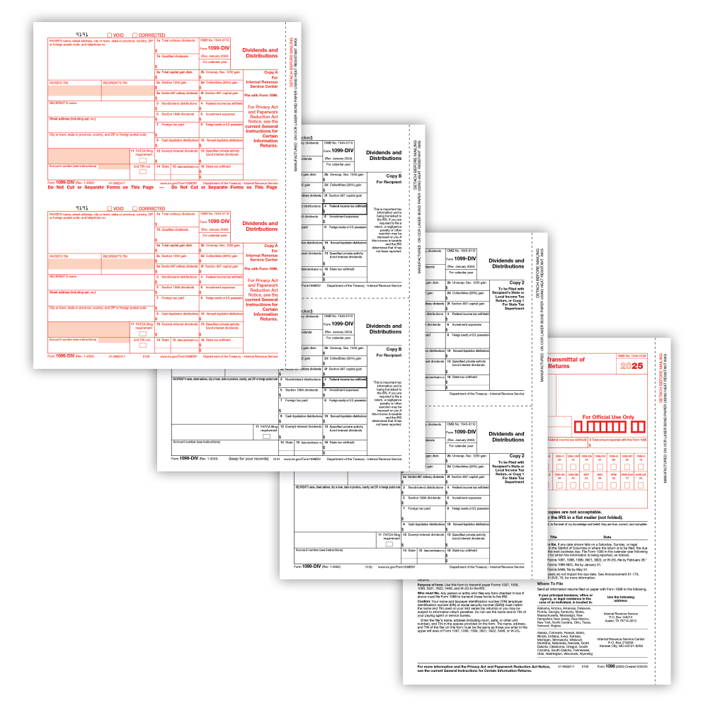 ComplyRight 1099-DIV Tax Forms Set, 4-Part, Copy A, B, C and/or State, 8-1/2in x 11in, Pack Of 10 Forms, 61071025 MPN:61071025