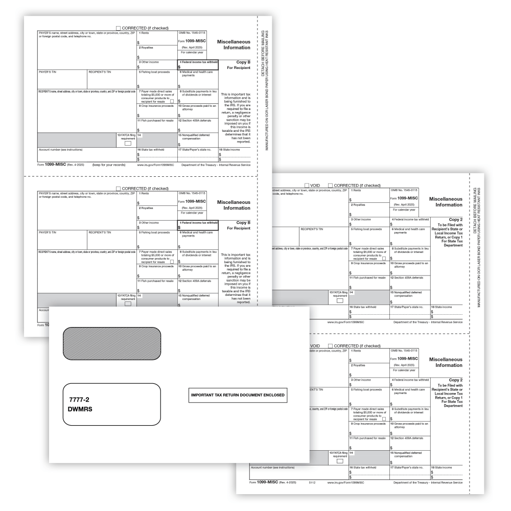 ComplyRight 1099-MISC Recipient Only Tax Form Set, 3-Part, 2-Up, Copy B, State/File, 8-1/2in x 11in, 50-PK Forms and Envelopes, 6113E25 MPN:6113E25