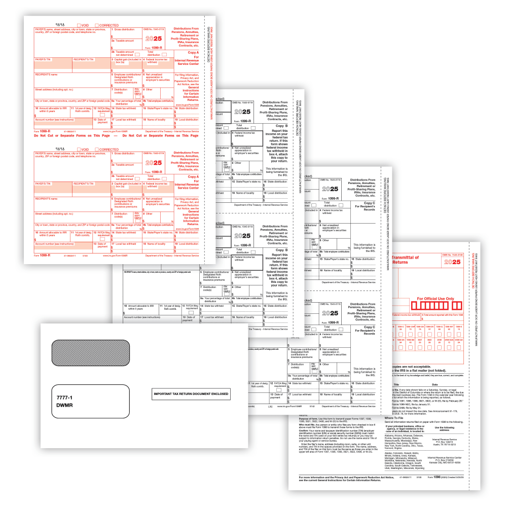 ComplyRight 1099-R Tax Forms Set, 4-Part, 2-Up, Copies A/B/C/D, 8-1/2in x 11in, Pack Of 100 Forms And Envelopes, 95944E25 MPN:95944E25