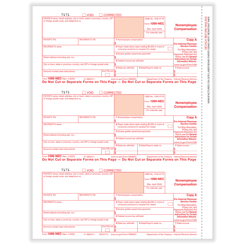 ComplyRight 1099-NEC Tax Forms, Federal Copy A, 3-Up, 8-1/2in x 11in, Pack Of 1, 500 Forms MPN:NEC5110B25