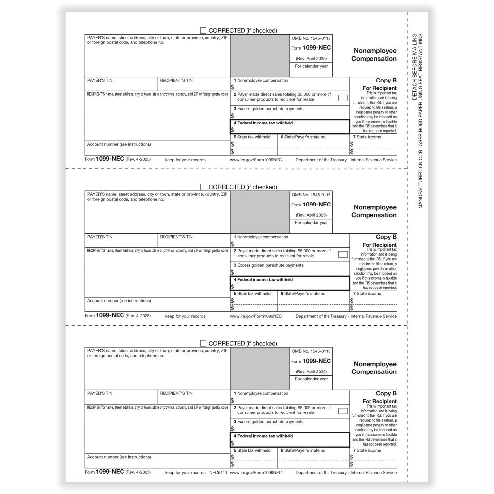 ComplyRight 1099-NEC Tax Forms, Recipient Copy B, 3-Up, 8-1/2in x 11in, Pack Of 150 Forms MPN:NEC51115025