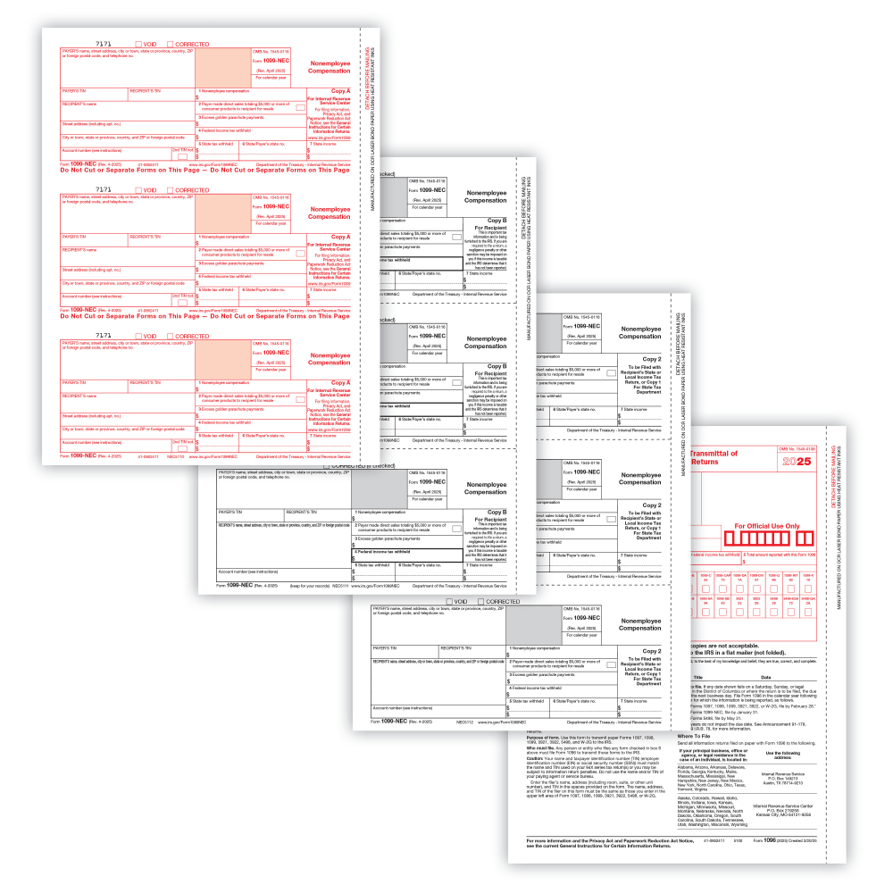 ComplyRight 1099-NEC Tax Forms Set, 3-Part, 3-Up, Copies A/B/C, 8-1/2in x 11in, Pack Of 50 MPN:NEC610225
