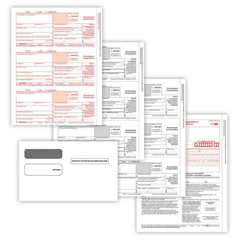 ComplyRight 1099-NEC Tax Forms Set, 3-Part, 3-Up, Copies A/B/C, 8-1/2in x 11in, with Envelopes, Pack Of 25 MPN:NEC6102E2525