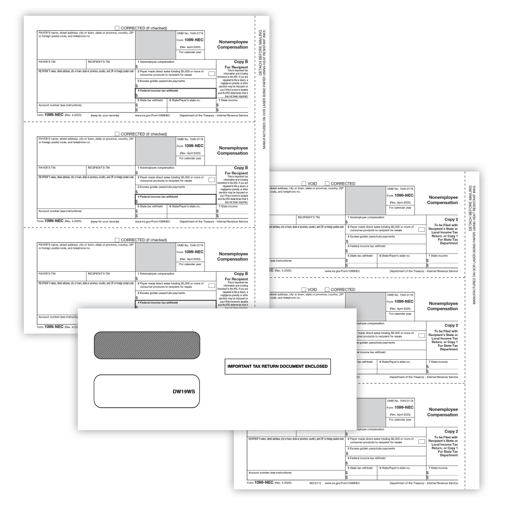 ComplyRight 1099-NEC Tax Forms Set, 3-Part, 3-Up, Copies B/C/2 (Recipient Copy Only), with Envelopes, 8-1/2in x 11in, Pack Of 50 MPN:NEC6113E25
