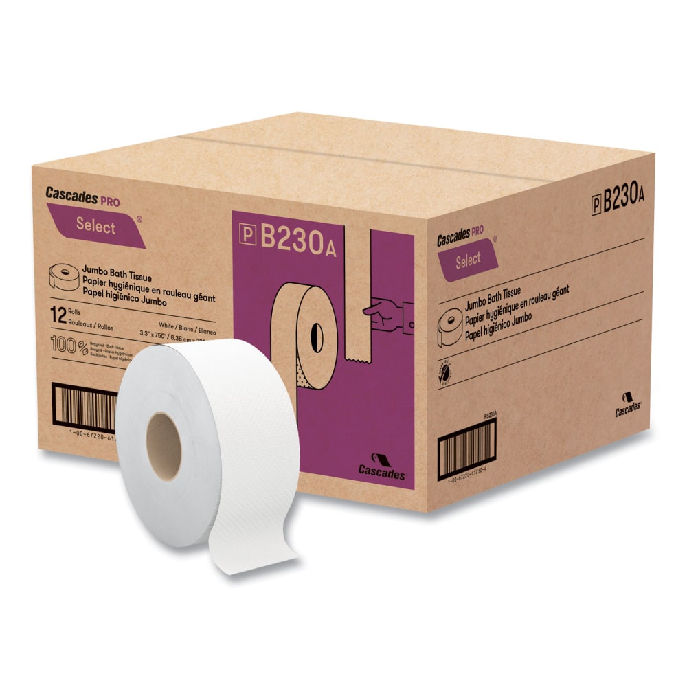 Cascades PRO Select Jumbo Bath Tissue, Septic Safe, 2-Ply, White, 3.3in x 750 ft, 12/Carton MPN:B230