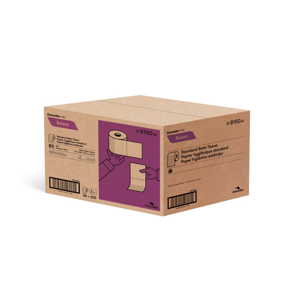 Cascades PRO Select Standard Toilet Paper, 1-Ply, 100% Recycled, 1210 Sheets Per Roll, Pack of 80 Rolls MPN:B150