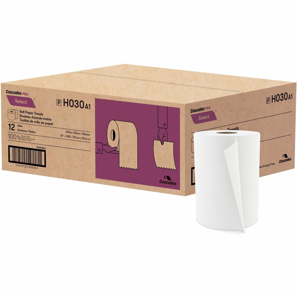 Cascades PRO Select Roll Paper Towel, 1-Ply, White, 350feet, 12 rolls/pack, Recyled, Certified - 1 Ply - H030 MPN:H030