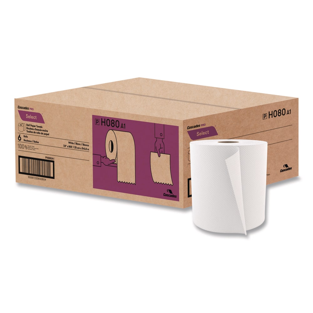 Cascades PRO Select Roll Paper Towels, 1-Ply, 7.9in x 800 ft, White, 6 Rolls/Carton MPN:H080