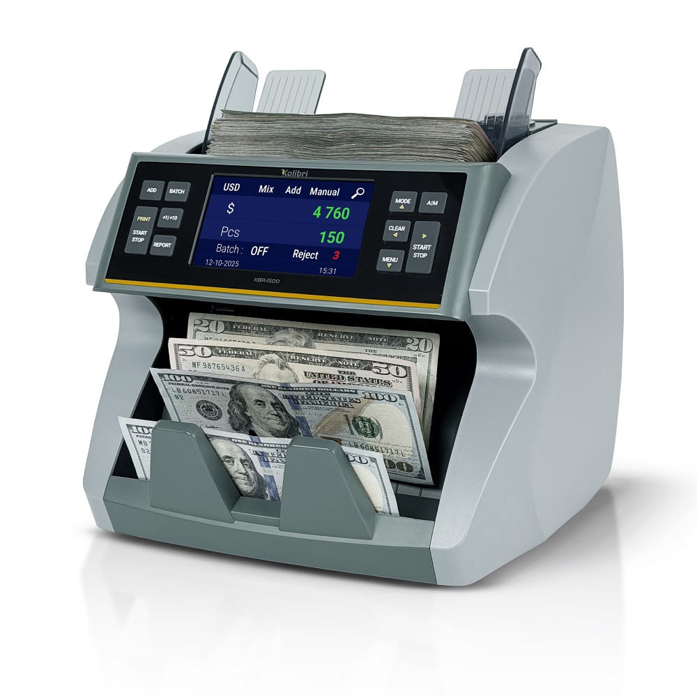 Kolibri KBR-1500 V2 1-Pocket Mixed Denomination Bill Counter And Sorter With Advanced Counterfeit Protection, 11-1/4inH x 9-5/16inW x 9-5/16inD, Gray MPN:KBR-1500V2