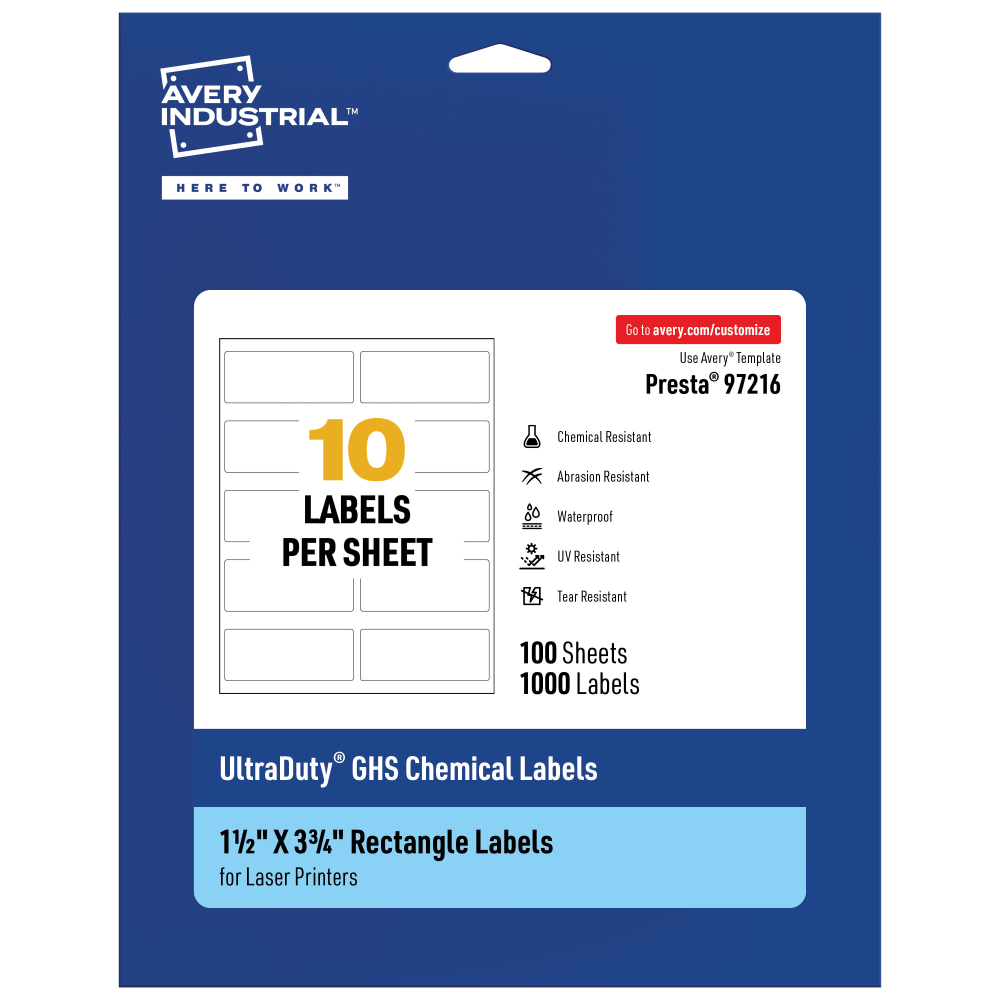 Avery Ultra Duty Permanent GHS Chemical Labels, 97216-WMU100, Rectangle, 1-1/2in x 3-3/4in, White, Pack Of 1, 000 MPN:97216-WMU100