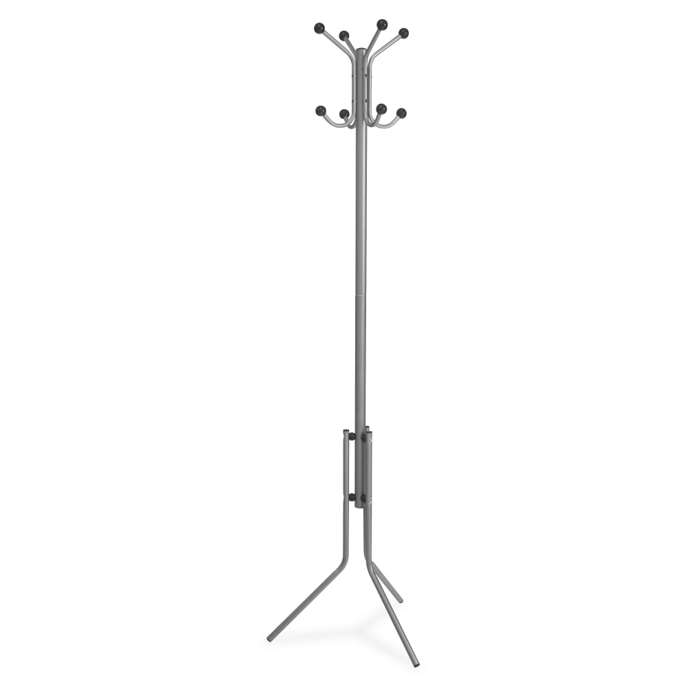 Lorell Tripod Base Coat Rack - 4 Hooks - 4 Pegs - 63.4in Height x 19in Width - for Coat, Jacket, Hat, Scarf - Metal - Silver - Powder Coated - 1 Each MPN:02587