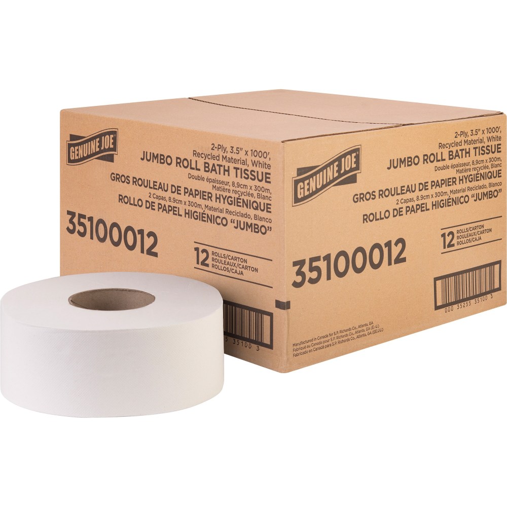 Genuine Joe Jumbo Jr Dispenser Bath Tissue Roll - 2 Ply - 3.50in Width x 1000 ft Length - 8.88in Roll Diameter - White - Fiber - 12 / Carton MPN:35100012