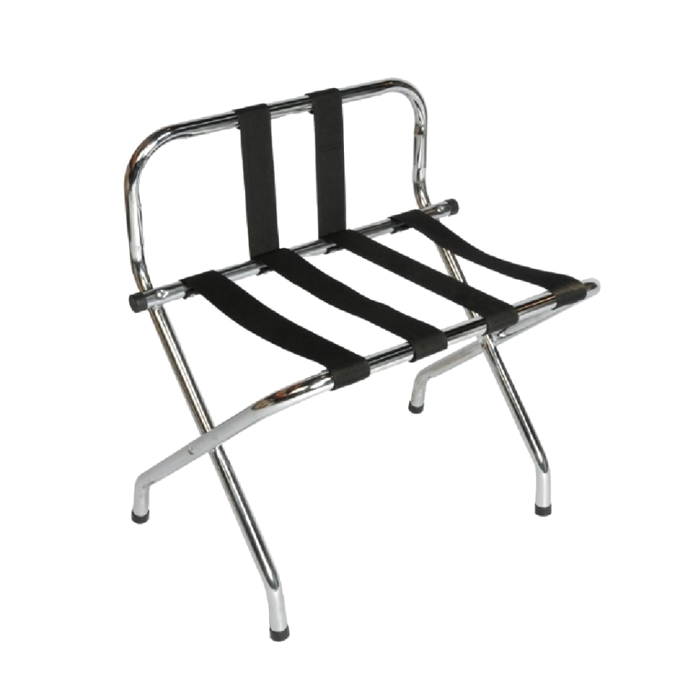 CSL High Back Metal Luggage Rack with Back Webbing, 26inH x 24inW x 16inD, Chrome/Black MPN:1055B-C-BL-1