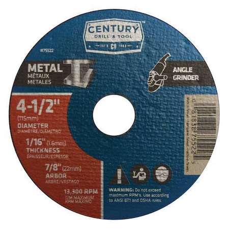 Abrasive Cut-Off Wheel, Type 1A, 4-1/2 in Dia, 1/16 in Thick, 7/8 in Arbor Hole Size, A60T Series MPN:75522