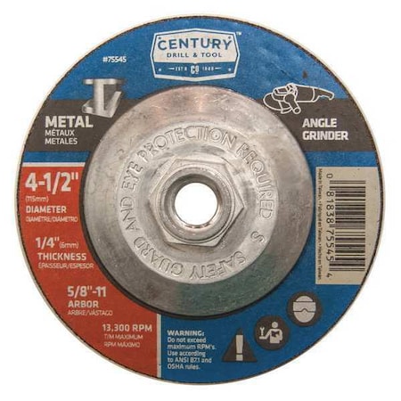 Abrasive Cut-Off Wheel, Type 27, 4-1/2 in Dia, 1/4 in Thick, 5/8 in-11 Arbor Hole Size, A24R Series MPN:75545