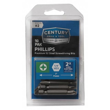 Phillips Power Screwdriver Bit, 2, 10Pk MPN:68510