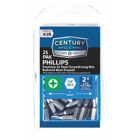 Phillips Drywall Screwdriver Bit, 2R, 25Pk MPN:68525