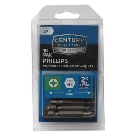 Phillips Power Screwdriver Bit, 3 10Pk MPN:69003