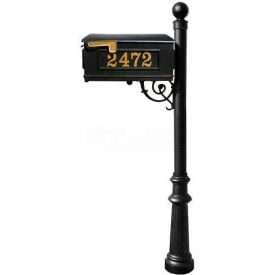 Lewiston Mailbox Post (Fluted Base & Ball Finial) with Vinyl Numbers Support Brace Black LMCV-804-BL