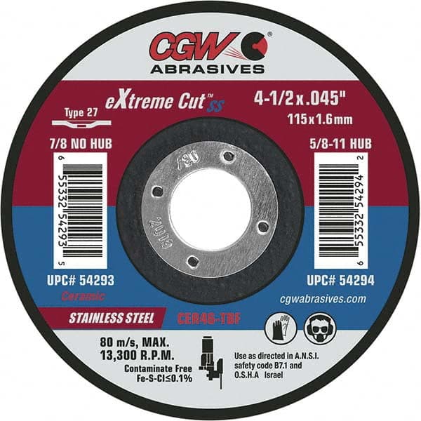 Cutoff Wheel: Type 27, 5 in Dia, 0.045 in Thick, Ceramic MPN:54296 Cutoff Wheel: Type 27, 5 in Dia, 0.045 in Thick, Ceramic MPN:54296