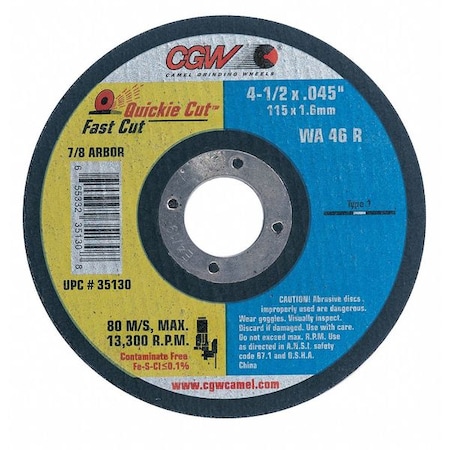 Abrasive Cut-Off Wheel, Type 1, 6 in Dia, 0.045 in Thick, 7/8 in Arbor Hole Size, WA46-R Series MPN:35131