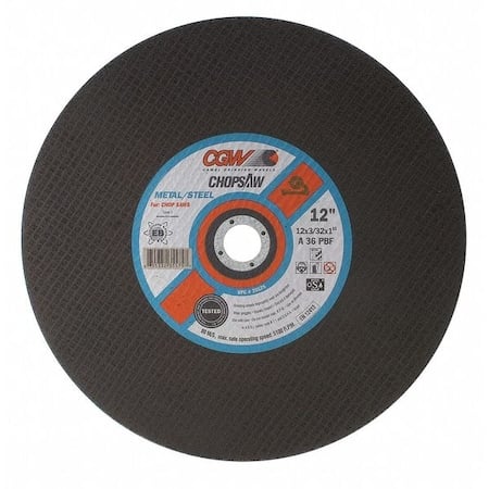 Abrasive Cut-Off Wheel, Type 1, 12 in Dia, 3/32 in Thick, 1 in Arbor Hole Size, Aluminum Oxide MPN:35575