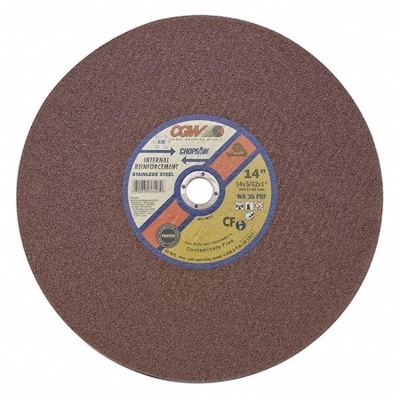 Abrasive Cut-Off Wheel, Type 1, 14 in Dia, 3/32 in Thick, 1 in Arbor Hole Size, 36 Grit MPN:36123