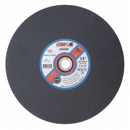 Abrasive Cut-Off Wheel, Type 1, 14 in Dia, 7/64 in Thick, 1 in Arbor Hole Size, Aluminum Oxide MPN:36234