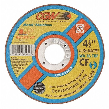 Abrasive Cut-Off Wheel, Type 1, 5 in Dia, 0.045 in Thick, 7/8 in Arbor Hole Size, 36 Grit MPN:36301